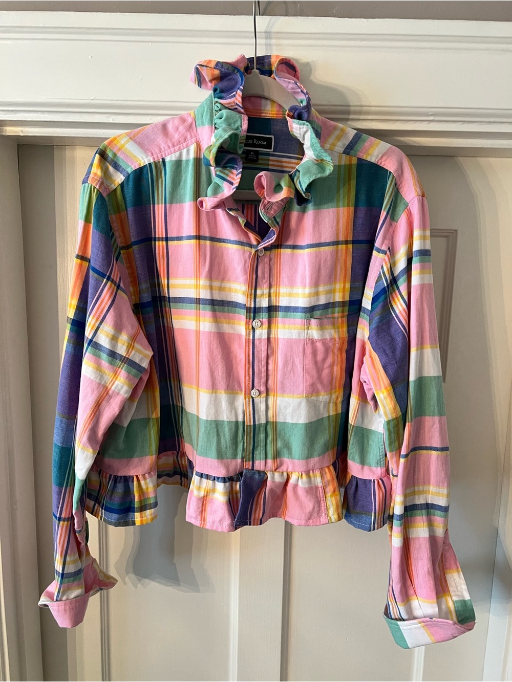 Upcycled Ruffled Plaid Button-Up Shirt